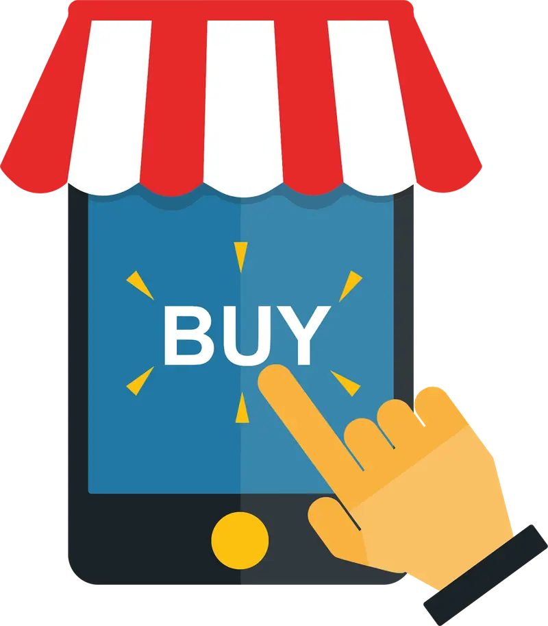 Ilustrasi tangan memegang ponsel dengan tombol BUY, menggambarkan pembelian crypto lewat aplikasi