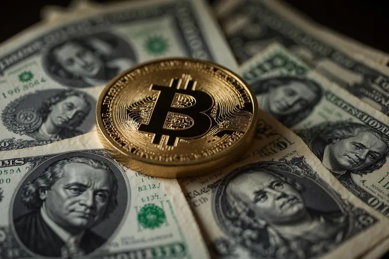 Koin Bitcoin di atas tumpukan uang kertas dolar, ilustrasi pertukaran uang tunai dan kripto