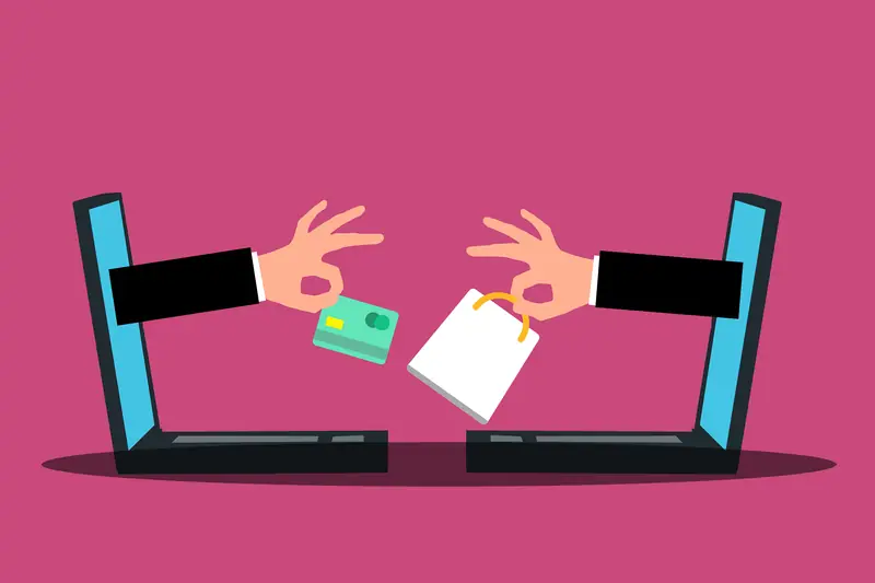 Ilustrasi dua laptop yang saling bertukar kartu dan kantong uang, menggambarkan perbandingan bursa crypto