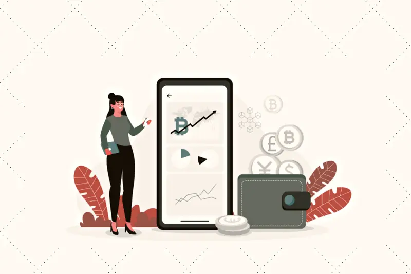 Ilustrasi perempuan memegang ponsel dan dompet kripto, menggambarkan aplikasi kripto untuk pemula