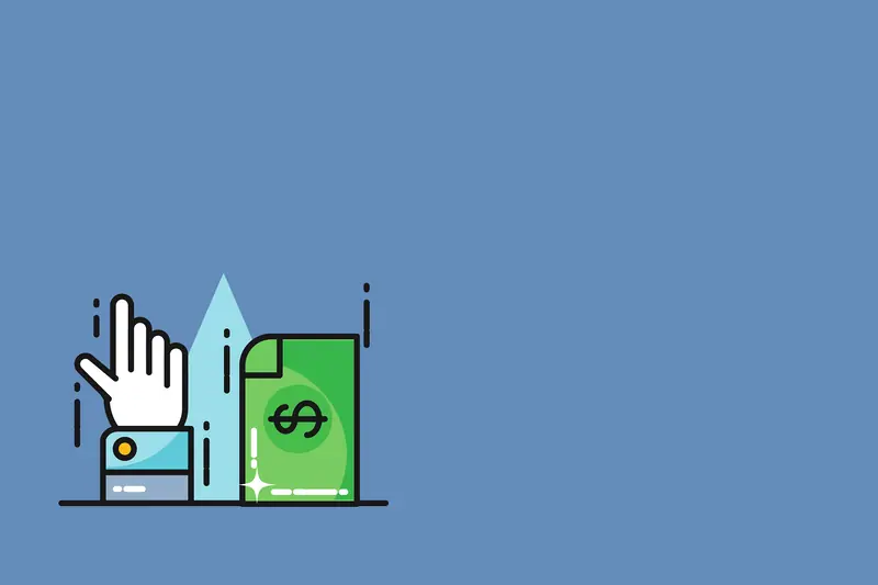 Illustration of a hand holding a card and dollar bill on a blue background, representing value moving between platforms