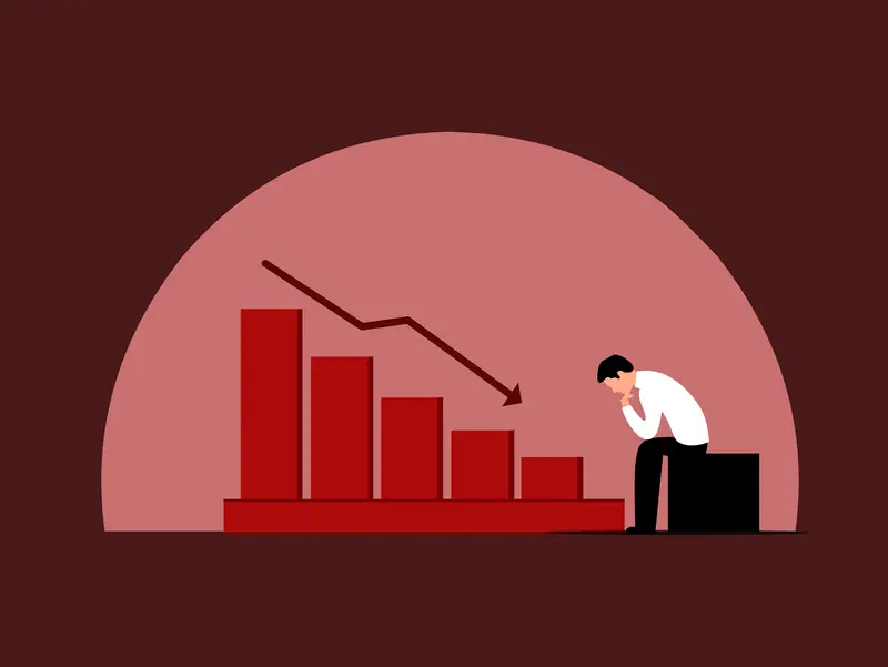 Illustration of a falling red price chart on a maroon background, symbolising crypto risk